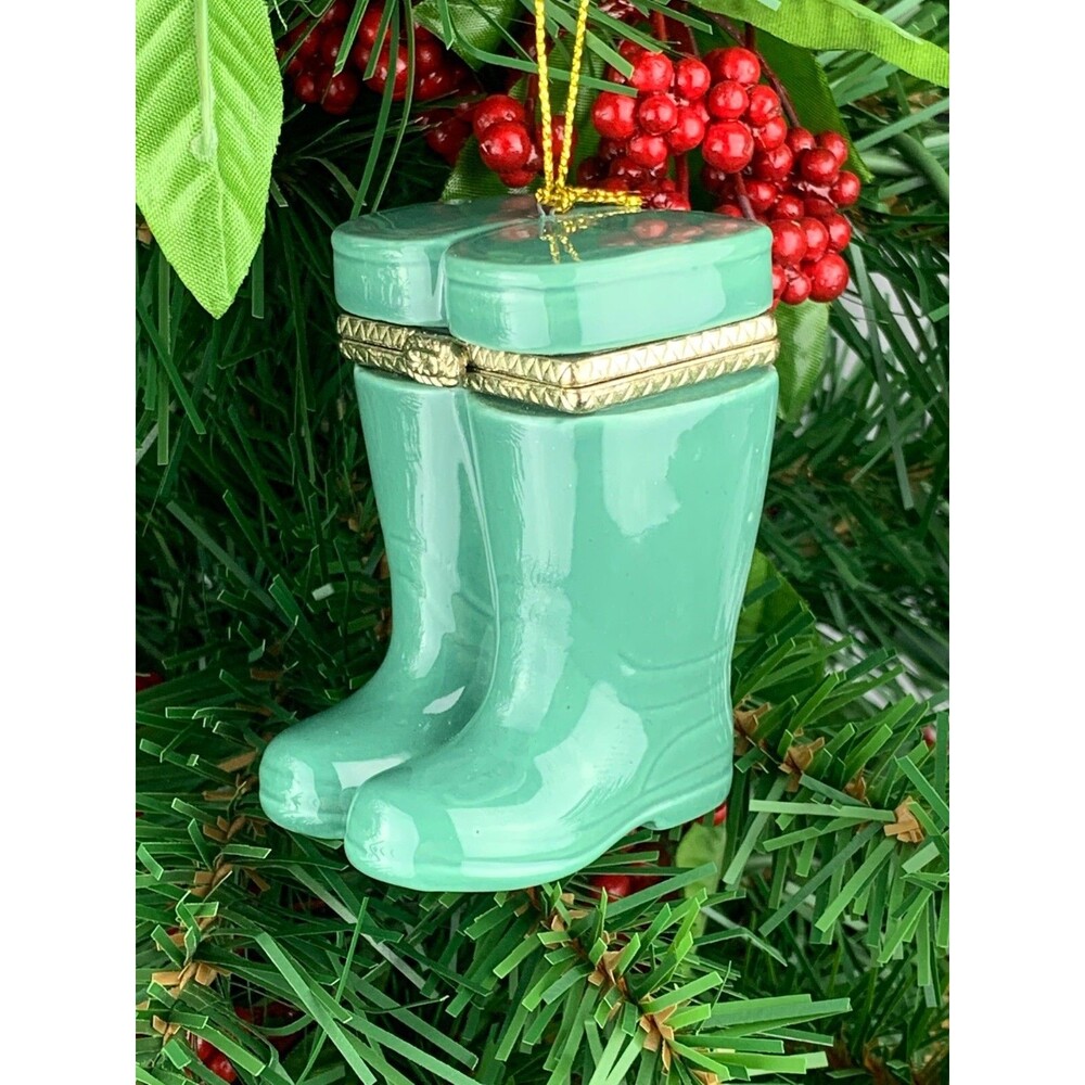 Green Wellies Boots Porcelain Hinged Trinket Box Christmas Ornament